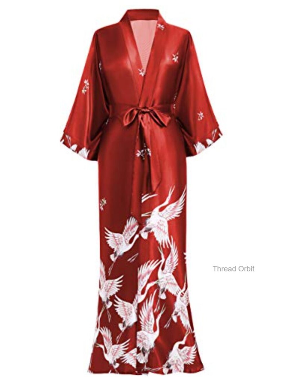 Long Satin Kimono Robe Crane Print Lightweight Ankle Length